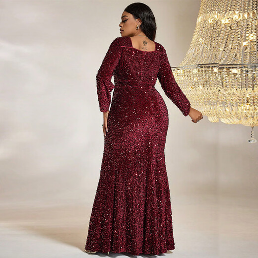 Party luxury evening dress European and American dress square collar sequin red banquet dress red 3XL