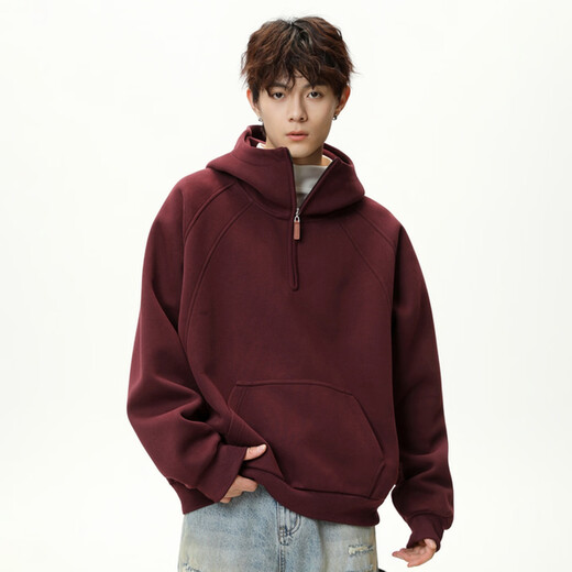 MONPOC heavy half zipper natal red sweatshirt men's spring and autumn American hoodie jacket MOW07 Ancora red L