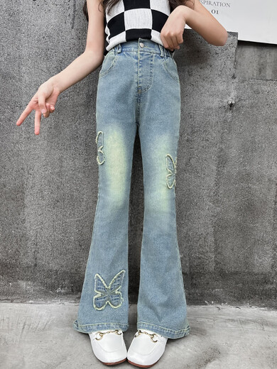 Girls' Butterfly Embroidered Flare Pants 2025 Autumn and Winter New Retro Milf Jeans for Big Kids with Velvet Plus SN5236 Blue Spring and Autumn Style MEF Butterfly Flared Pants cm 120