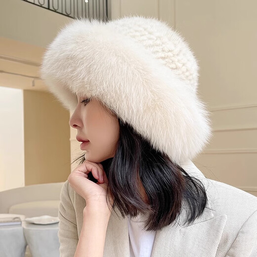 Princess Mink Mink Fur Hat Women's Autumn and Winter Mink Fur Fox Fur Fisherman Hat Mink Fur Straw Hat Winter Fashion Warm Basin Hat Black Princess Hat