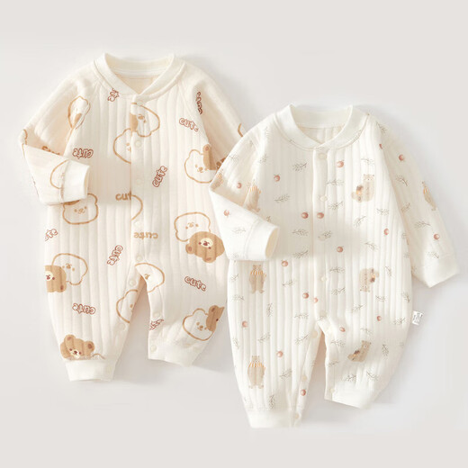 初生婴儿衣服纯棉加厚连体衣冬季新生儿男女宝宝夹棉保暖棉服爬服 2件-冬款(树叶熊+绣花熊) 66cm  (12-15斤以内)