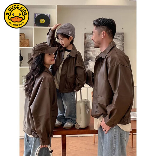 G.duck parent-child wear 2025 new autumn and winter PU leather jacket for a family of three, versatile jacket, mother-child, mother-daughter suit, leather jacket 120 children's clothing