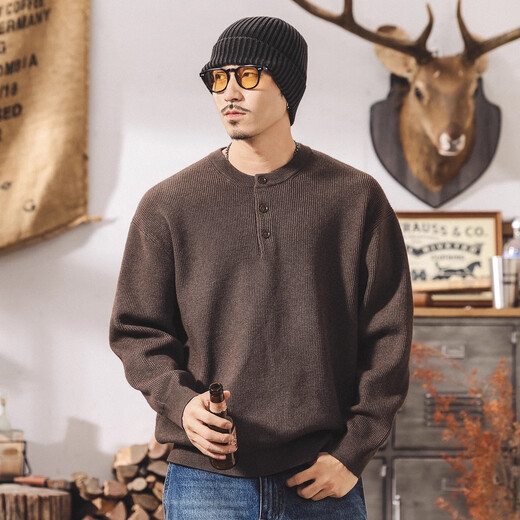 Jay Leno American retro lazy style Henry collar sweater men's autumn and winter new loose casual spring and autumn trendy brand men's sweater coffee 600g heavy XL suitable for 145-160Jin Jin equals 0.5 kg