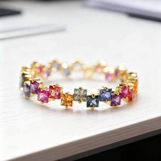 Private jewelry, natural colored gemstone 1.55 carat rainbow sapphire ring, 18K gold fashionable small sugar cube ring, rainbow color (18K yellow), ring number can be customized