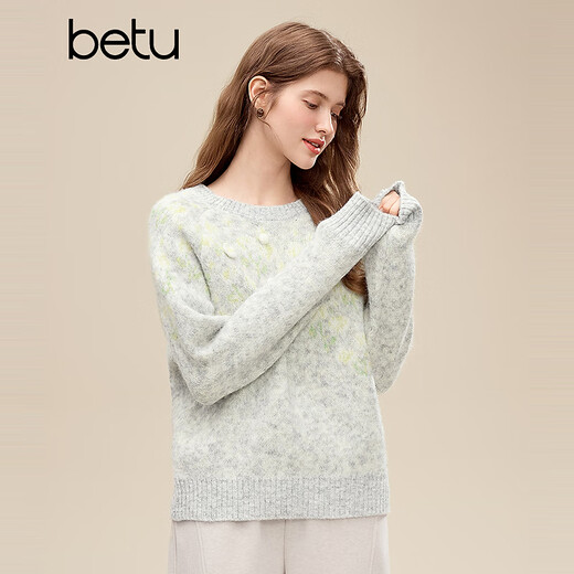 Betu women's 2025 winter new sweater hand hook jacquard trendy three-dimensional flower soft waxy top for women 2511T51 light gray M (light gray pre-sale shipped on 11/20)