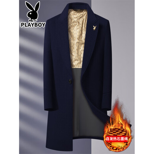 Легкое роскошное шерстяное пальто Playboy, мужское шерстяное зимнее пальто средней длины, утолщенная длинная шерстяная ветровка высокого класса для мужчин, темно-синий утолщенный графен, L 170 Рекомендуется 110Jin Jin равен 0,5 кг -125Jin Jin равен 0,5 кг