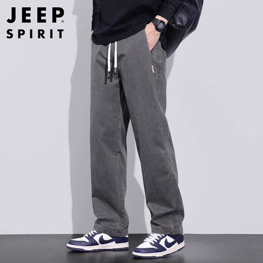 JEEP SPIRIT Jeep pure cotton casual pants men's autumn and winter loose straight pants men's workwear wide-leg pants gray L
