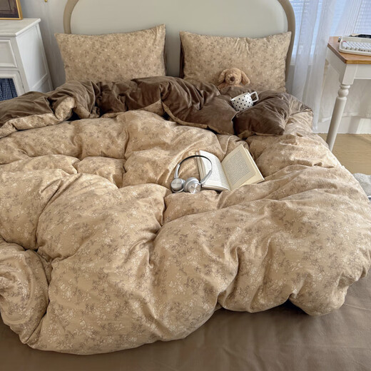 Yalu double-layer gauze washed cotton plus velvet bed four-piece set autumn and winter milk velvet quilt cover sheet bedding three-piece set Zhiqiu A side double layer gauze B side baby velvet 1.8m bed sheet style four-piece set (quilt cover 200*230cm)
