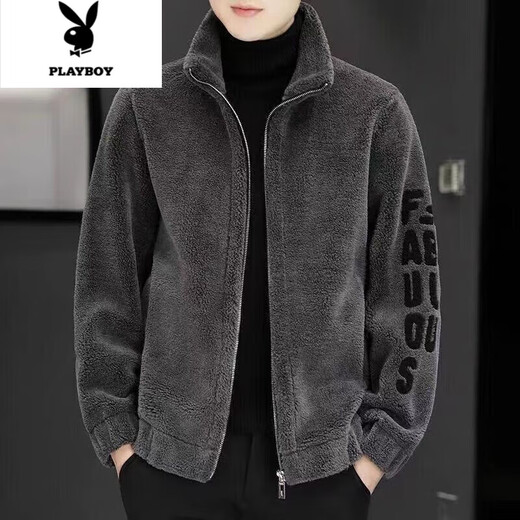 Playboy 2022 Autumn and Winter New Men's Jacket Thickened Warm Shearling Jacket Wool Men's Gray XL _Recommended 130-150Jin Jin equals 0.5kg