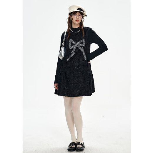 Fairy's Pocket Black Sequined Bottoming Shirt Tank Top Two-piece Set Women's 2025 Winter New Stunning Suit Bow Black S