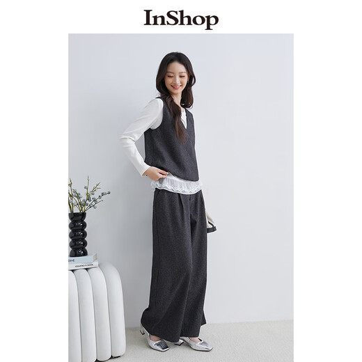 InShop shopping mall same style new women's commuter v-neck vest with long-sleeved top and wide-leg trousers three-piece set, dark gray L