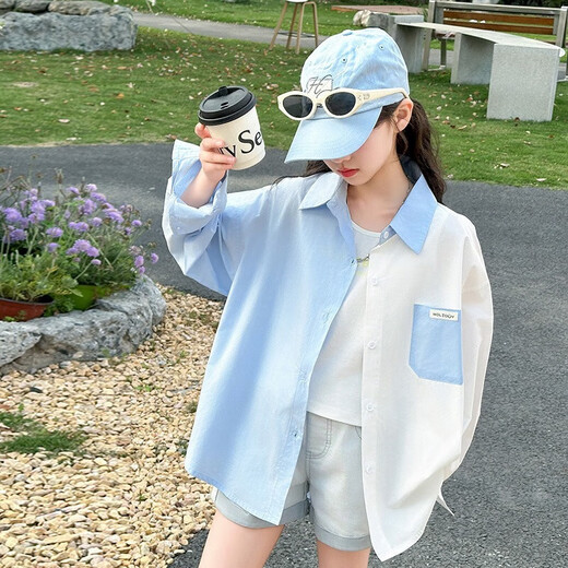 Girls summer thin shirt 2025 new sun protection jacket medium and large children casual children's summer shirt blue 170