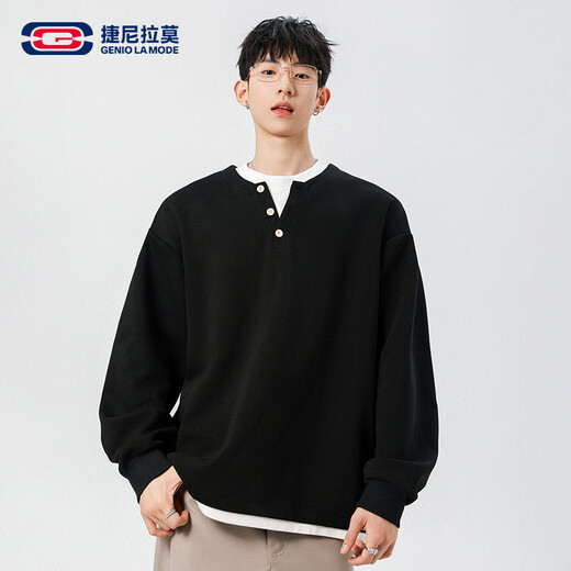 GENIOLAMODE black sweatshirt men's fall fake two-piece contrasting color bottoming shirt Korean style Henry collar top black M