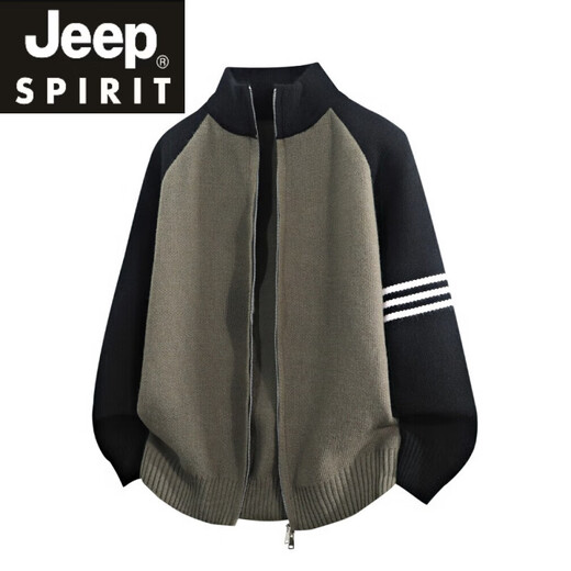 JEEP SPIRIT Jeep Henry Collar Woolen Cardigan Men's Autumn and Winter Contrast Color Splicing Casual Jacket 2025 New Knitted Wool Clothes Gray M