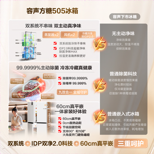 Rongsheng Tangtang 505 active dual-purification dual-system cross four-door ultra-thin zero-embedded refrigerator home ice making first-class energy efficiency BCD-505P60CZMAD white national subsidy