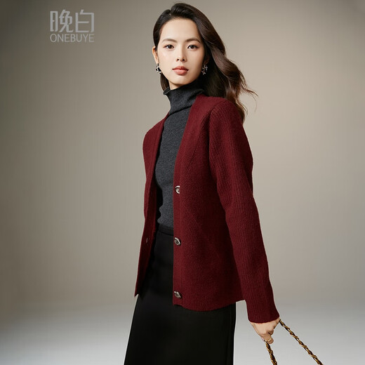 Late White New Product 2025 Winter Fashion Casual Chinese Red Sweater High Elastic Wool Knitted Cardigan Jacket for Women Burgundy M