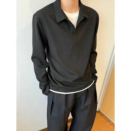 Floral Gray Waffle Henley Collar Long Sleeve T-Shirt Men's Summer American Lapel Polo Shirt Premium Heavyweight Sweatshirt Gray Upgraded M