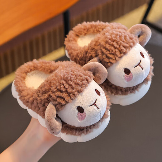 Winter children's cotton slippers for girls 2025 new warm plus plush boys cartoon baby bag heel home shoes dark coffee slippers 12 22/23 size (shoe length 14CM suitable for feet 13