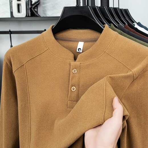 KUXA Tianjun Department Store Men's Wear 2025 New Business Sweater Double-sided German Velvet Bottoming Shirt Men's Henry Collar Long Sleeve Camel Yellow M (Recommended 90-115Jin Jin equals 0.5 kg)