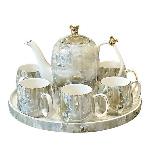 Water cup set for home living room light luxury simple water-resistant water ware for entertaining guests ins tea cup teapot tea set set stone pattern 8-piece set bear head style gift box