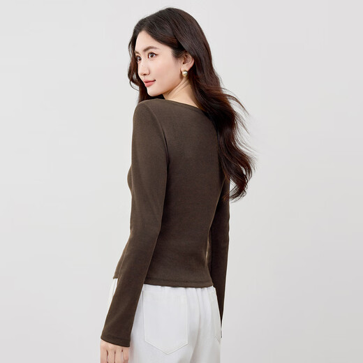 Shandubila one-line collar cotton bottoming shirt for women in autumn, slim-fitting elastic long-sleeved sweater with temperament pit strips and casual top