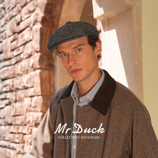Mr DUCK Prussia winter octagonal beret handmade woolen men's herringbone literary intellectual newsboy cap herringbone dark gray (thick and warm)-MW56165 L (suitable for 58-59cm head circumference)