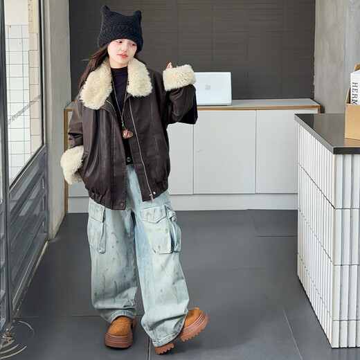 雅鹿童装女童外套冬季2025新款儿童毛领皮衣中大童女孩洋气加厚保暖衣 咖色 160 cm