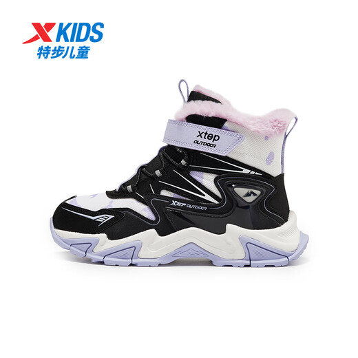 XTEP Children's Icebreaker 1.0 Cotton Boots Winter Girls' Rex Rabbit Velvet High Top Thickened Warm Cotton Shoes Black/Taro Purple 33