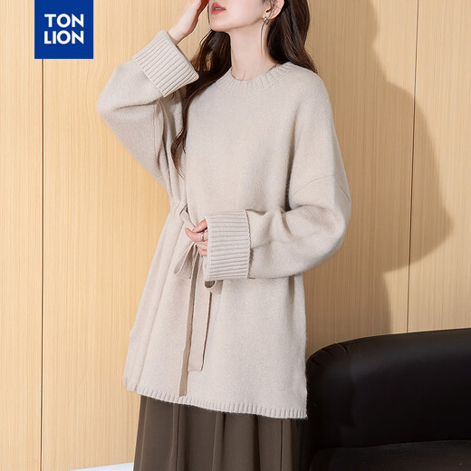 TonLion Women's New Autumn and Winter Loose Solid Color Pullover Jacket Temperament-style Belt Design Long Pullover Apricot Gray S