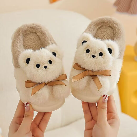 Jin Bingsheng children's cotton slippers for boys and girls in autumn and winter plus velvet thickened warm slippers anti-slip soft bottom cartoon cotton shoes furry shoes off-white bear cotton slippers flannel lining 30 - 31 yards inner length 19cm recommended 4-5 years old