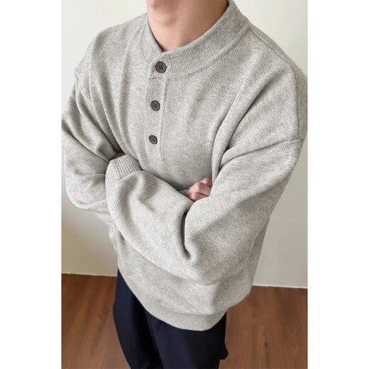 Shelley Jones Henry Collar Sweater Men's Autumn and Winter New Ins Lazy Style Loose Trendy Bottoming Top Gray L Recommended 110-125 Jin Jin equals 0.5 kg