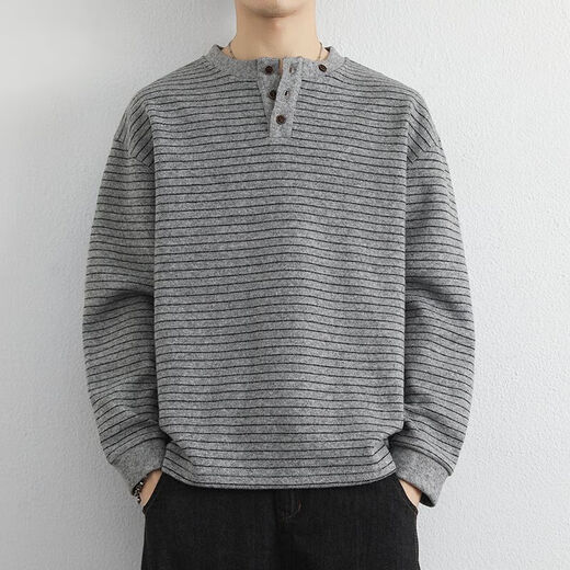 Yuandi Chaoshan Sweater Men's Henry Collar Striped Sweater Men's Autumn and Winter Long-Sleeved Bottoming Warm Wool Sweater with Wool Inside Dark Gray Gray Anti-pilling L 120-140Jin Jin is equal to 0.5 kg