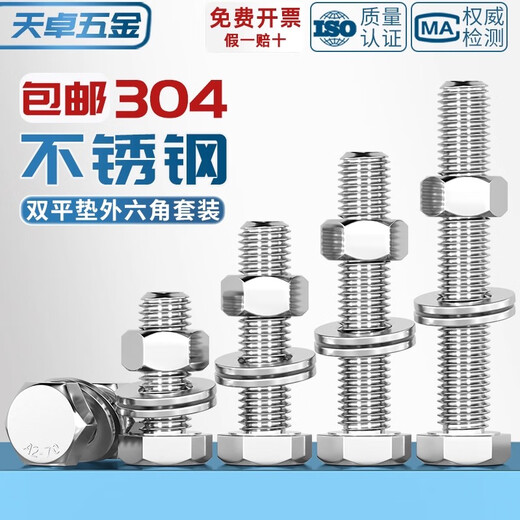 Tianzhuo Hardware 304 stainless steel external hexagonal screw nut set complete accessories double flat pad bolt extension screw M3-M20 M16*500 1 set
