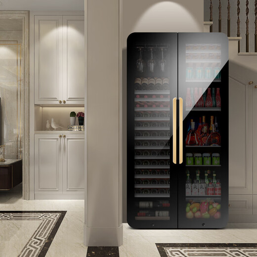 PULADI Arc Intelligent Frequency Conversion Double Door Double Temperature Red Wine Cabinet Constant Temperature Home Living Room Refrigerator Office Tea Retro Villa President Embedded Commercial Display Fresh Cabinet WIFI Retro Integrated Double Door Wine Cabinet + Wine Cabinet/Black Mirror 490L