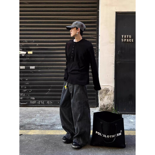 BO+BOXY short wide Henry collar loose bottoming top is soft, comfortable, versatile and figure-flattering, multi-color optional long-sleeved T-shirt, black L