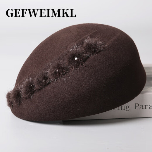 GEFWEIMKL Merino Wool Beret Women's Autumn and Winter Korean Style Warm Fur Ball Stewardess Hat Temperament Versatile Wool Hat Women Mixed Beige M Adjustable (56-58c)