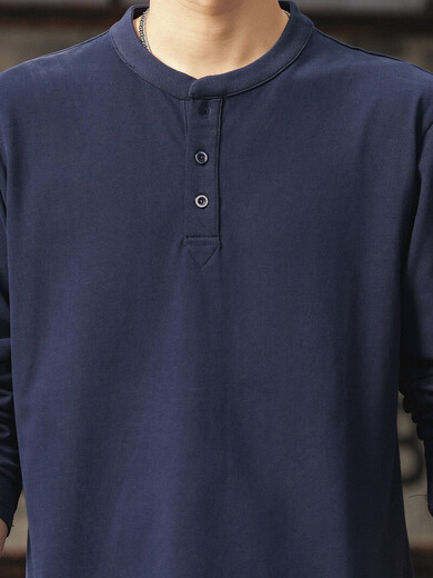 Luo Meng spring and autumn pure cotton long-sleeved t-shirt for young men, stylish and handsome loose casual Henry collar bottoming shirt trendy navy blue L 120-140Jin Jin is equal to 0.5 kg