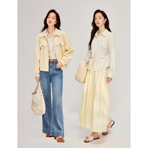 INMAN Simple Commuting Vertical Stripe Pleated Shirt 2026 Spring Women's New Slim Long Sleeve Shirt Top Light Yellow M