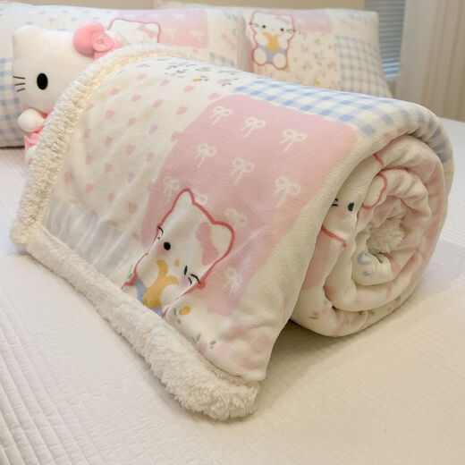 Fantasy cute kt cat milk lamb velvet blanket 2025 new girl's heart sofa blanket thickened warm sheet cover blanket girl's heart KK eye milk velvet + lamb velvet cat-like feel 200x230cm double multi-functional blanket