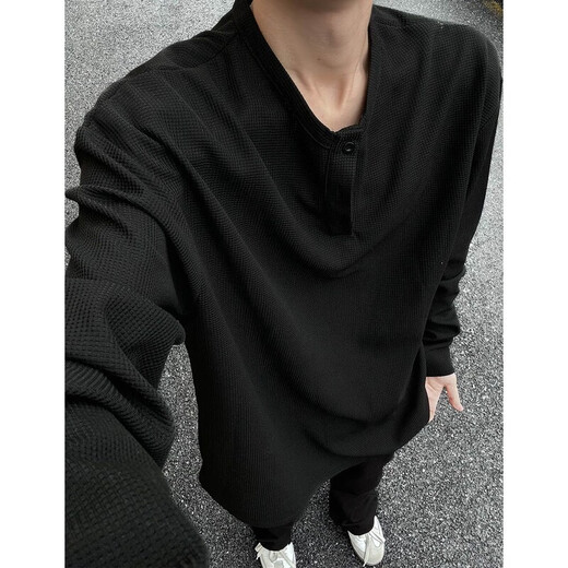 Pupan long-sleeved T-shirt men's Henry collar bottoming shirt heavy-weight long-sleeved T-shirt men's spring and autumn American street fashion brand high-end loose gray 2XL 145-165Jin Jin equals 0.5 kg