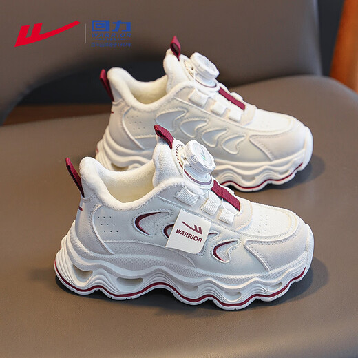 Warrior children's shoes, girls' cotton shoes, 2025 new autumn and winter, middle and large children's students' velvet shoes, thickened children's sports shoes, rice/burgundy (velvet) 38, inner length 24.7/foot length 23.7