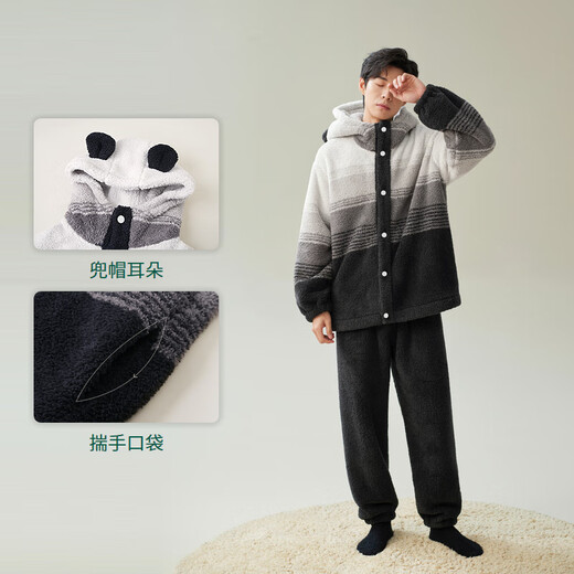 Anzhiban Super Warm-locking Coral Velvet Couple Pajamas Women's Winter Plus Velvet Thickened Autumn and Winter Men's Hooded Home Clothes Space Gray Soft and Flexible - Super Warm-Locking Men's XL