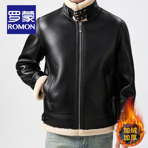 ROMON fur integrated plus velvet leather jacket men's autumn and winter lamb velvet comfortable and warm jacket thickened motorcycle leather jacket for men black fur integrated 3XL /190
