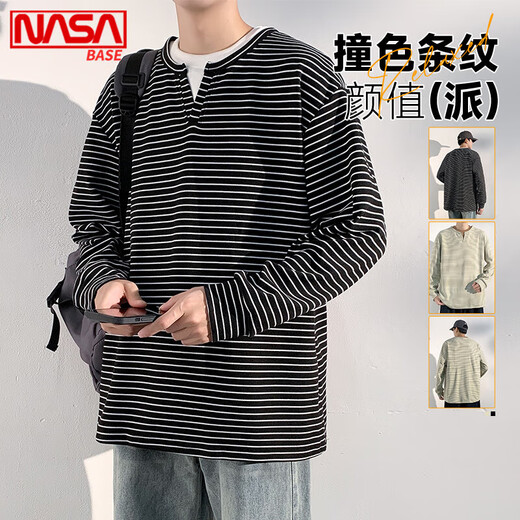 NASA BASE fake two-piece sweatshirt autumn and winter long-sleeved T-shirt for men 2025 new American student trendy brand V-neck Henry shirt bottoming shirt black M