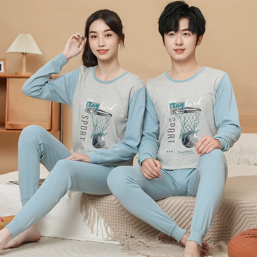 Boys and girls autumn clothes and long trousers warm suits for teenagers, junior high school students, thin shirts and underpants, bottoming clothing, blue and gray stripes, round neck, M 140c