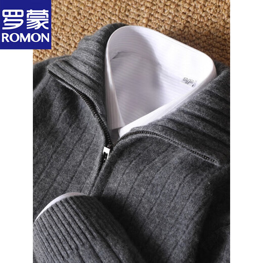 Romon 100% pure wool sweater men's turtleneck thickened zipper solid color sweater velvet business casual wool sweater jacket blue XL 150-170Jin Jin equals 0.5 kg