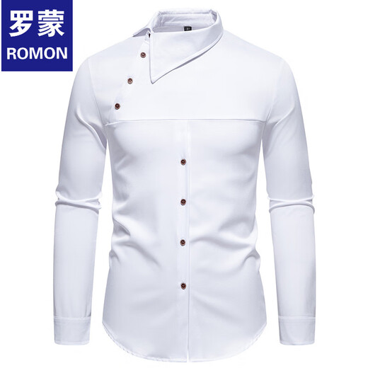 ROMON 2025 new men's European size personalized inclined button Henry collar long-sleeved shirt men's casual shirt white M