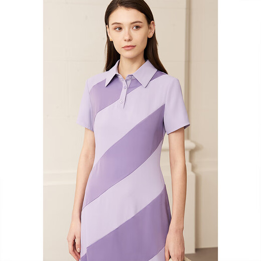 AMII Women's 2025 Summer New POLO Collar Stitched Diagonal Dress Little Black Skirt Feel Taro Purple S 155/80A