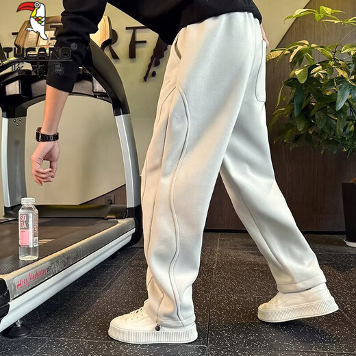 Woodpecker Autumn and Winter Thickened Sports Trousers Men's Loose Elastic Casual Pants Junior High School Students Plus Velvet Warm Trousers White Gray (Regular Style) XL