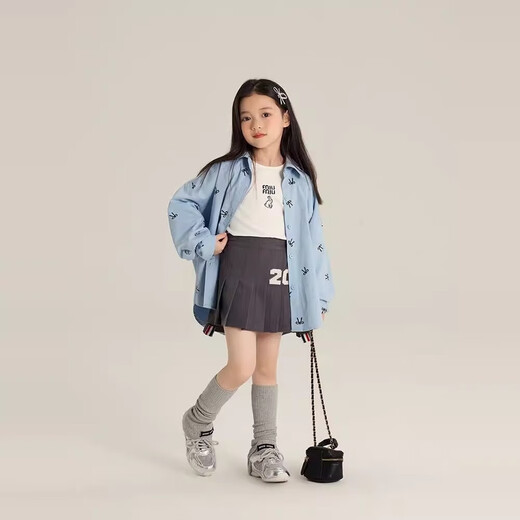 Children's shirts 2025 spring and autumn new arrival girls Korean style sweet all-over printed bow lapel shirt baby jacket trendy blue 150